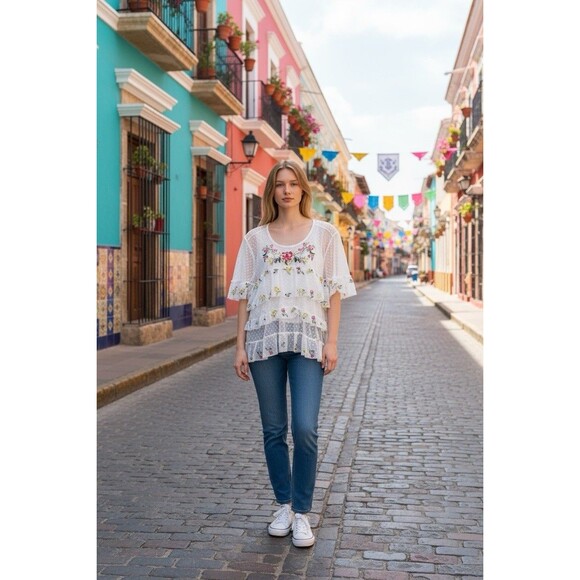 grand & greene Tops - Grand & Greene Sheer Dotted White Floral  Bohemian Swiss Embroidered Top Size L